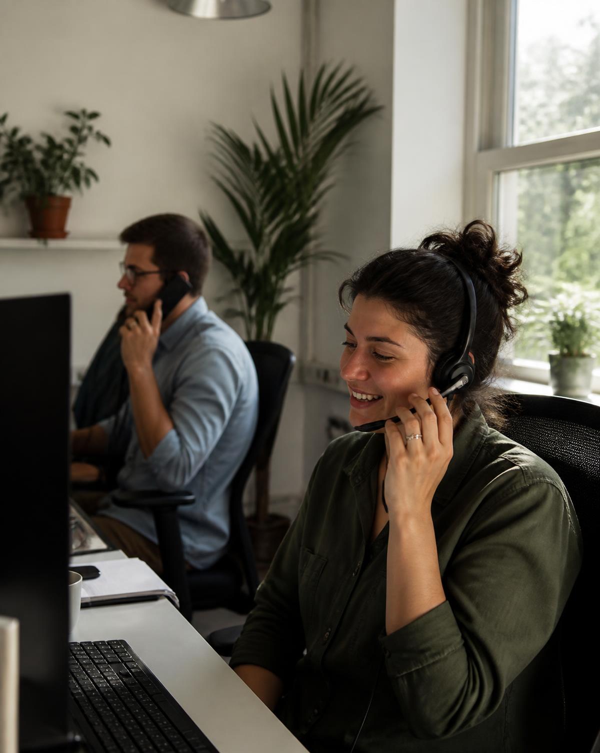 Placeholder image: two people making calls at desks in a small UK office